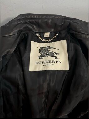 Burberry Black Leather Jacket with White Logo Patch